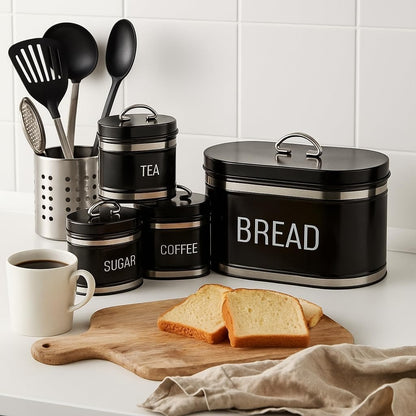 4-Piece Retro Bread Bin and Canister Set – Vintage-Style Metal Kitchen Storage Jars with Airtight Lids, Perfect for Tea, Sugar, Coffee & Bread (BLACK)