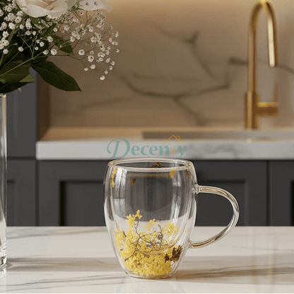 Double Wall Flower Glass Coffee Mug with Dried Yellow Flowers 350 ML