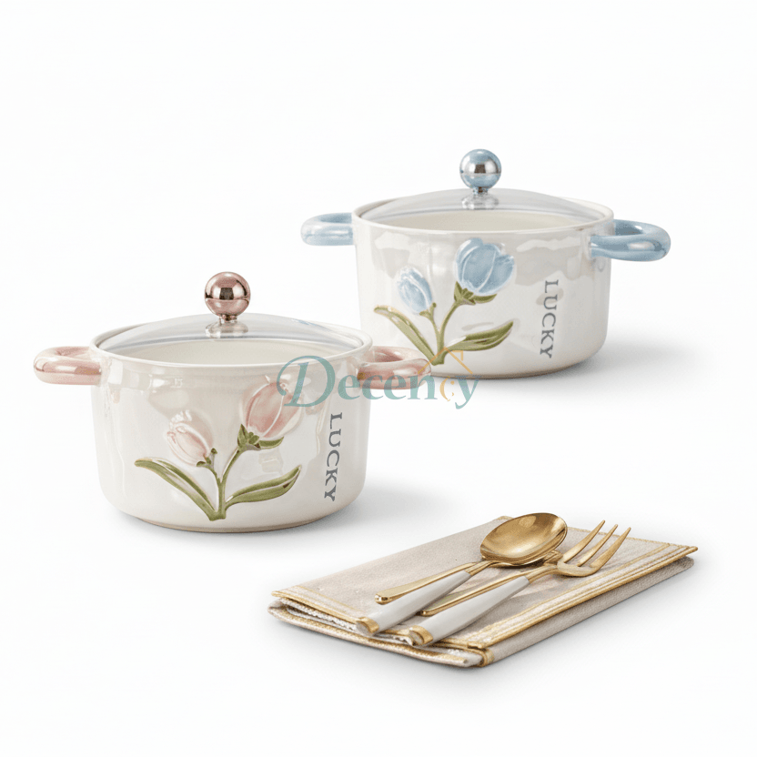 Luxury Floral Heat-Resistant Porcelain Cooking Pot with Glass Lid (1200ML)