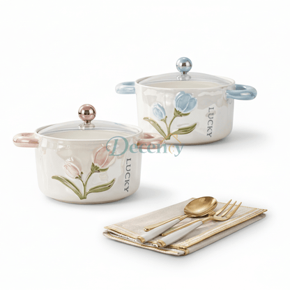 Luxury Floral Heat-Resistant Porcelain Cooking Pot with Glass Lid (1200ML)