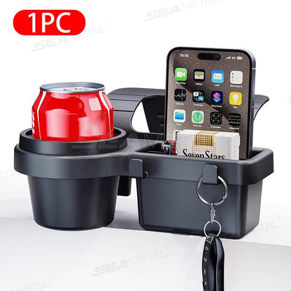 A Multifunctional Car Storage Box Featuring Cup Holders, a Beverage Rack, a Side Door Window Phone Slot, a Hanging Storage Shelf