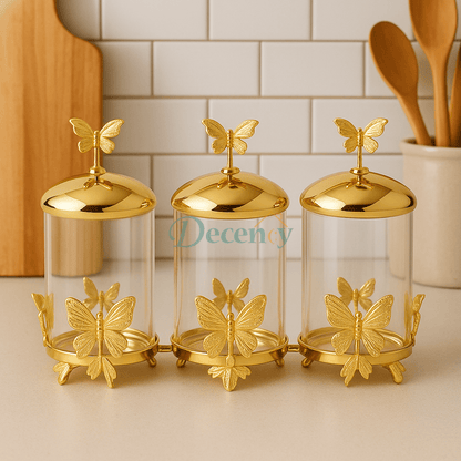 Golden Butterfly 3-Piece Glass Condiment Jar Set