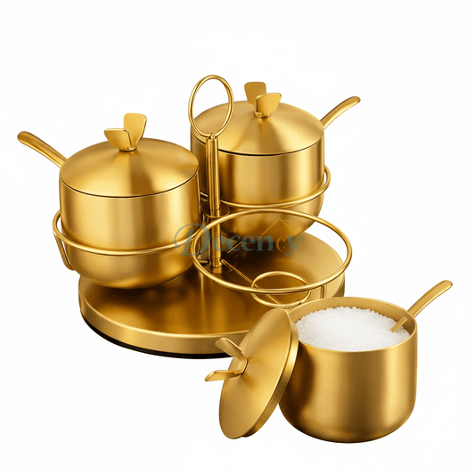 Luxury Gold Stainless Steel Condiment & Spice Pot Set with Stand – Premium Kitchen Serving Jars (3-Piece)