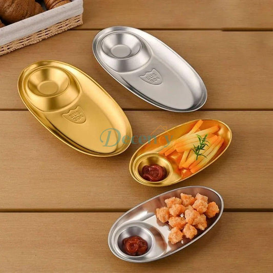 golden stainless steel dinner plate  oval serving plate with dip section  luxury dinner tray with sauce compartment  stainless steel platter for parties  dual section appetizer plate