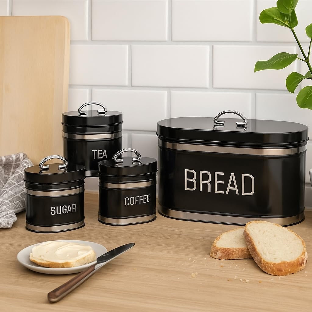 4-Piece Retro Bread Bin and Canister Set – Vintage-Style Metal Kitchen Storage Jars with Airtight Lids, Perfect for Tea, Sugar, Coffee & Bread (BLACK)