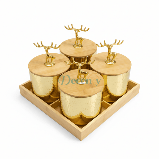 4Pcs Luxury Gold Storage Jar Set with Deer Handle Lids & Bamboo Tray