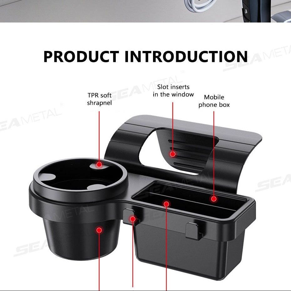 A Multifunctional Car Storage Box Featuring Cup Holders, a Beverage Rack, a Side Door Window Phone Slot, a Hanging Storage Shelf