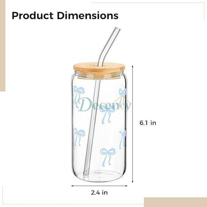 16 Oz Glass Cup with Lid and Straw, Blue Bow Design