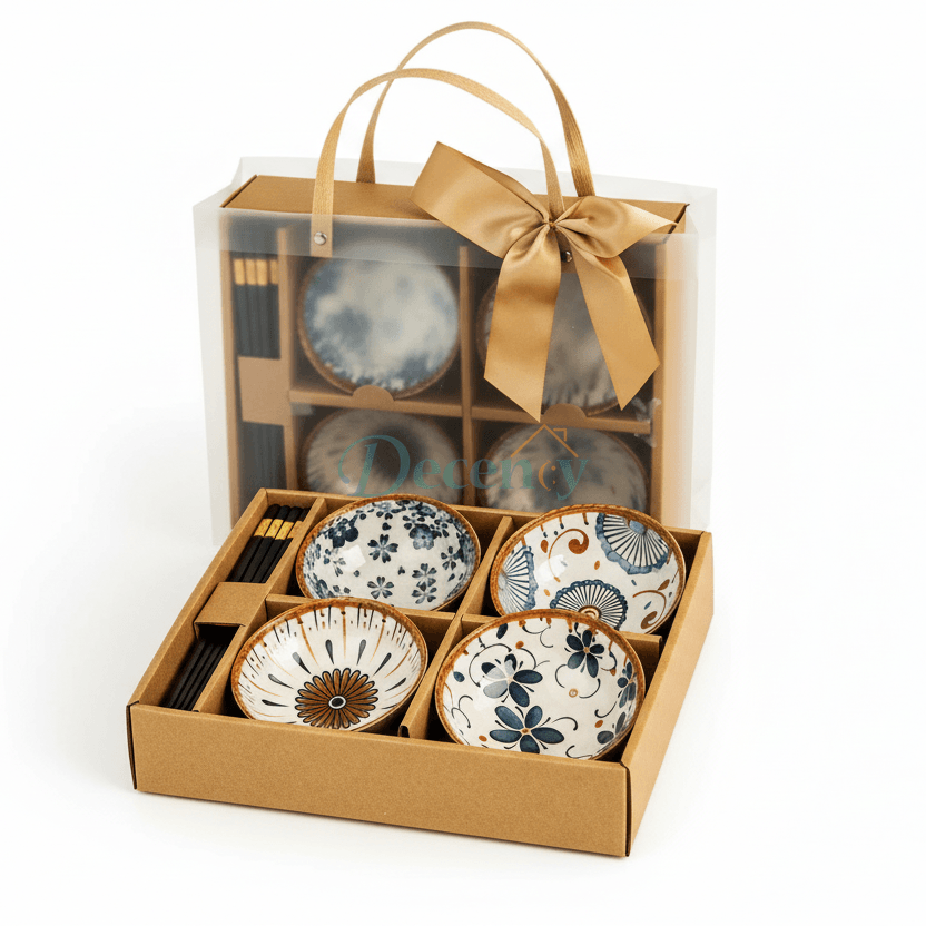 Luxury Japanese Ceramic Bowl & Chopsticks Gift Set (2 / 4 / 6 Pieces) 4.5 inch