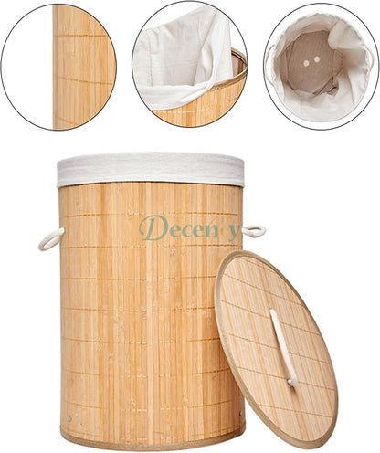 Round Foldable Natural Bamboo Laundry Basket With Lid, Washing Baskets for Laundry, Wicker Storage Baskets Hamper, Clothes Basket