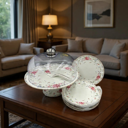 Royal Albert–Inspired 9-Pcs Bone China Cake Set | Floral Elegance with Dome #3