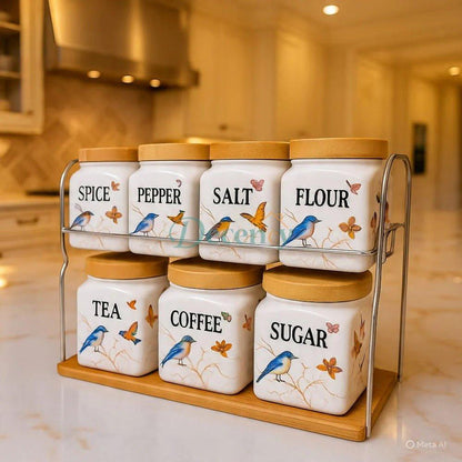 Creative 7Pcs Spice Kitchen Jars Set Wooden Lid
