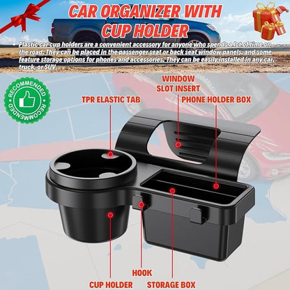 A Multifunctional Car Storage Box Featuring Cup Holders, a Beverage Rack, a Side Door Window Phone Slot, a Hanging Storage Shelf
