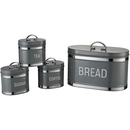 4-Piece Retro Bread Bin and Canister Set – Vintage-Style Metal Kitchen Storage Jars with Airtight Lids, Perfect for Tea, Sugar, Coffee & Bread (BLACK)