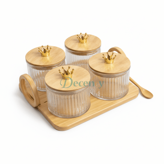 4Pcs Glass Storage Jar Set with Crown Knobs & Bamboo Tray