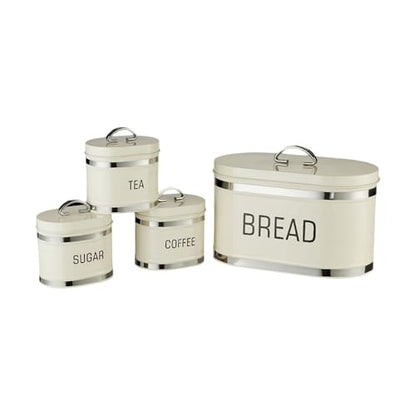 4-Piece Retro Bread Bin and Canister Set – Vintage-Style Metal Kitchen Storage Jars with Airtight Lids, Perfect for Tea, Sugar, Coffee & Bread (BLACK)