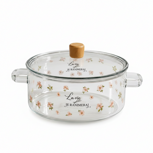 Elegant Floral Borosilicate Glass Casserole with Lid – 2.5L
