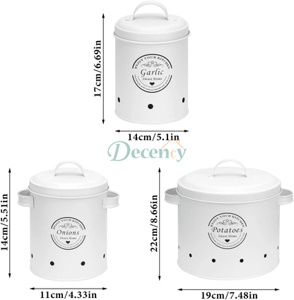 3 Pcs Retro Metal Potato Garlic Onion Storage Containers with 360° Ventilation System