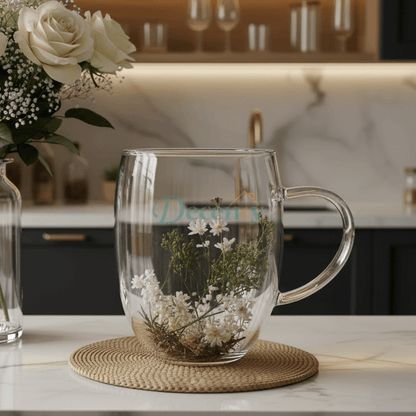 Double Wall Glass Coffee Mug with Dried Floral Whisper 350 ML