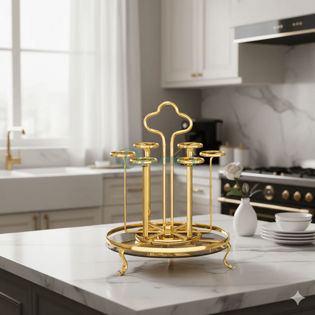 Luxury Golden Rotating Glass Stand Holder for 6 Glasses - Gold and Black Serving Tray for Dining Table in Pakistan