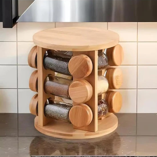 8PCS WOODEN SPICE ORGANIZER – ROTATING SPICE JAR HOLDER & STORAGE SHELF