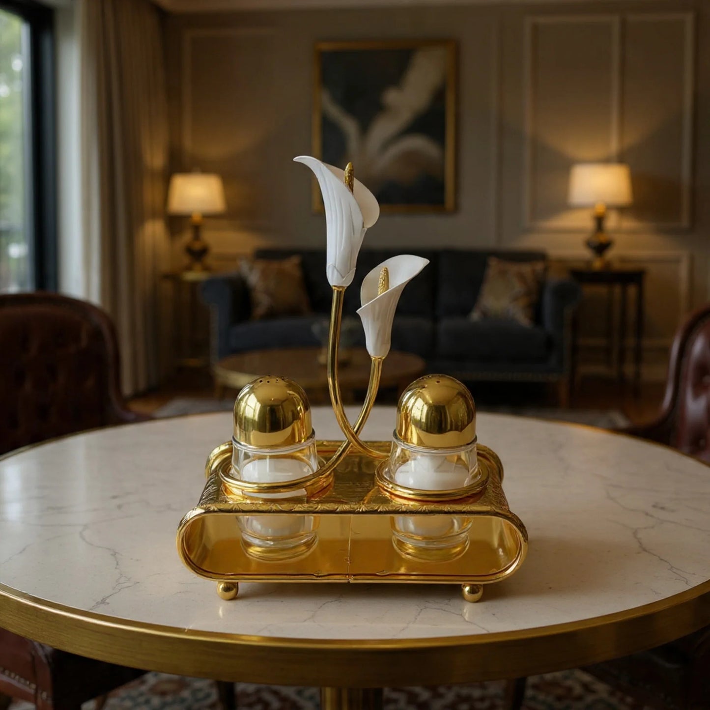 Opulent Gold & Calla Lily Metallic Salt and Pepper Shaker Set