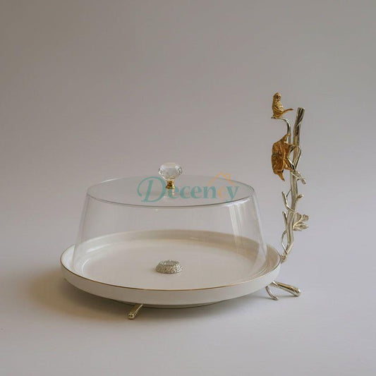 Luxury Crystal Dome Cake Stand with Gold Bird Handle – Elegant Serving Platter