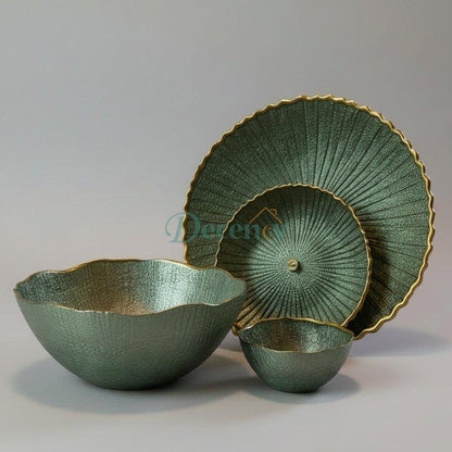 Elegant 14-Piece Textured Fruit & Cake Set – Deep Metallic Green with Gold Accents