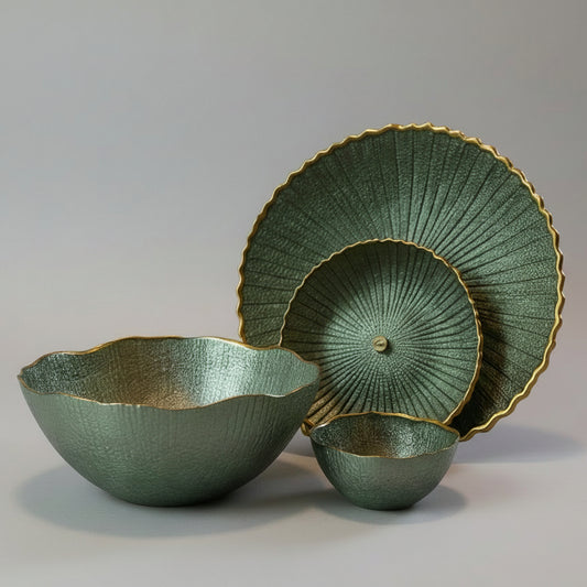 Elegant 14-Piece Textured Fruit & Cake Set – Deep Metallic Green with Gold Accents