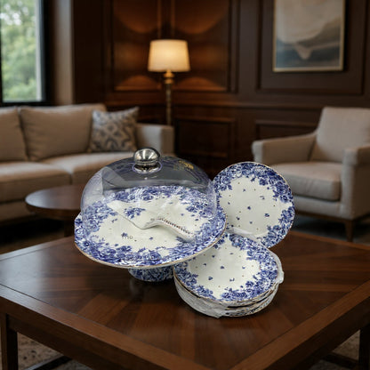 Royal Albert–Inspired 9-Pcs Bone China Cake Set | Floral Elegance with Dome #2