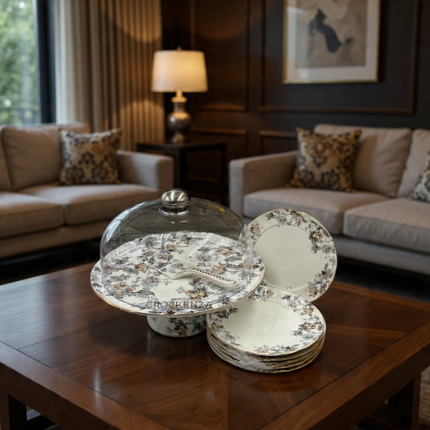 Royal Albert–Inspired 9-Pcs Bone China Cake Set | Floral Elegance with Dome #5