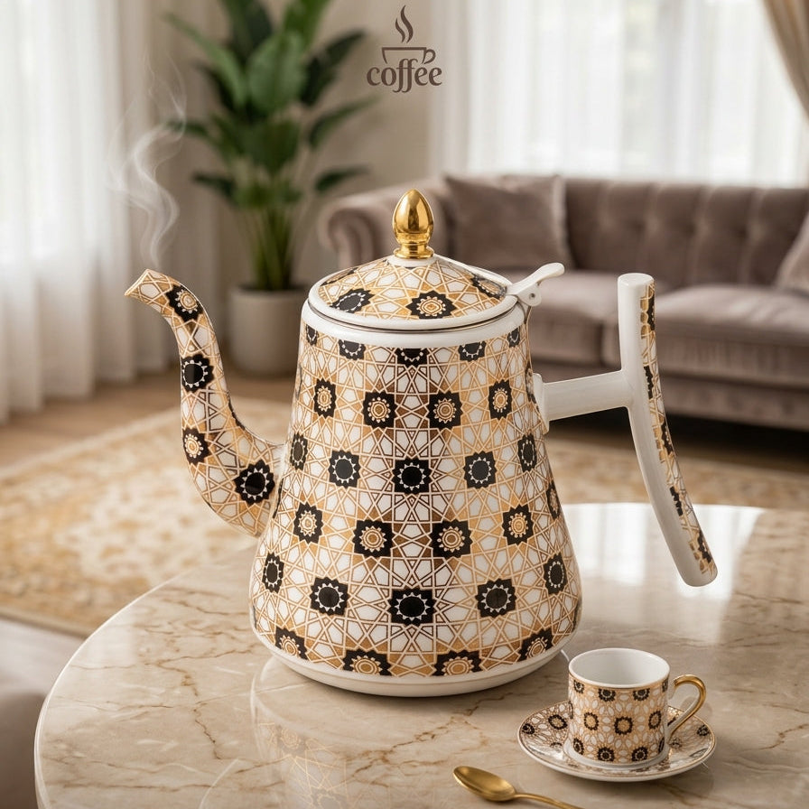 Imperial luxury ceramic coffee pot featuring black and gold geometric mosaic patterns on a table.