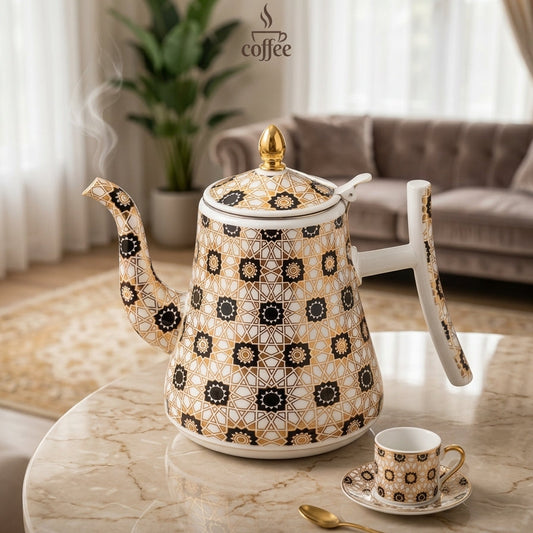 Imperial luxury ceramic coffee pot featuring black and gold geometric mosaic patterns on a table.