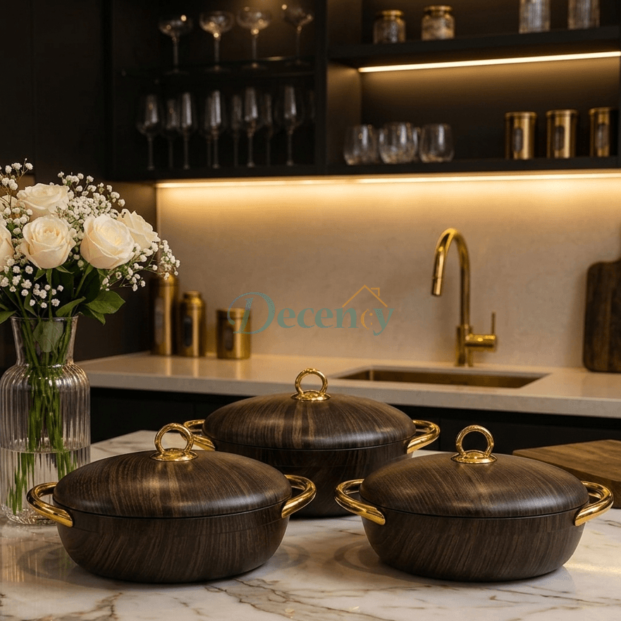 Premium 3-piece insulated hotpot set with lid displayed on a dining table in Pakistan.