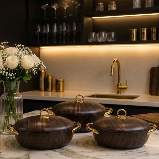 Premium 3-piece insulated hotpot set with lid displayed on a dining table in Pakistan.