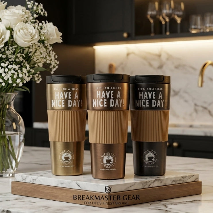 Three insulated stainless steel travel mugs with "Have A Nice Day" text in gold, bronze, and black shades.