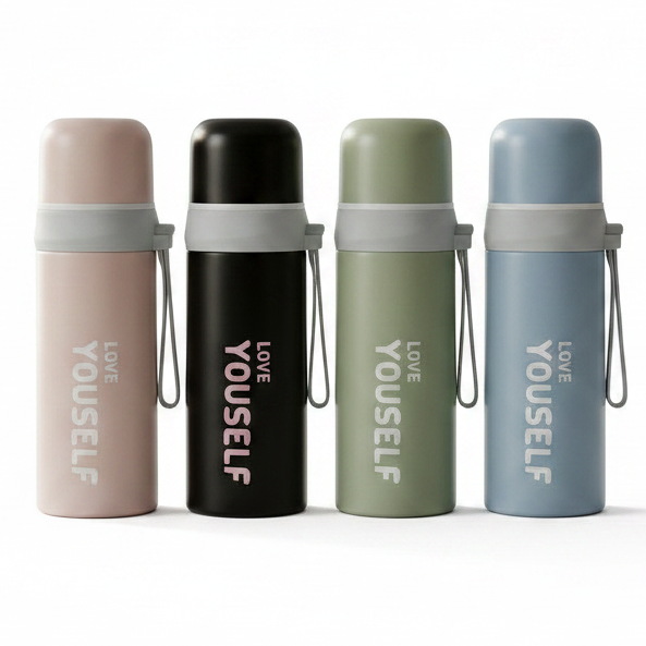 Four 300ml insulated stainless steel water bottles in pink, black, green, and blue on a kitchen counter