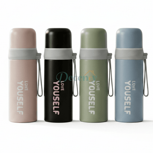Four 300ml insulated stainless steel water bottles in pink, black, green, and blue on a kitchen counter