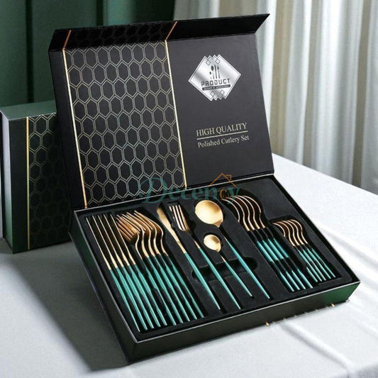 Luxury Polished Cutlery Set – 24 Pcs Set- (Green & Golden)