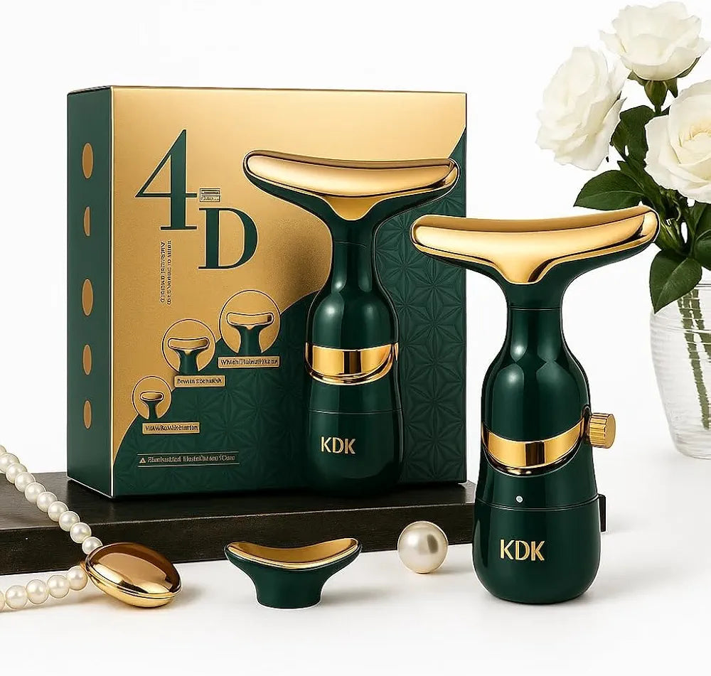 KDK 4D electric neck and face massager device shown with premium gold and green packaging box