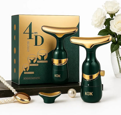 KDK 4D electric neck and face massager device shown with premium gold and green packaging box
