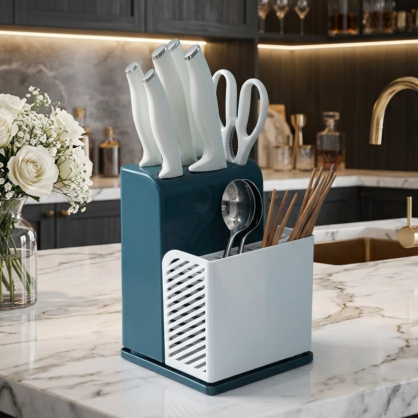 Teal and white multi-functional kitchen knife block stand placed on marble countertop