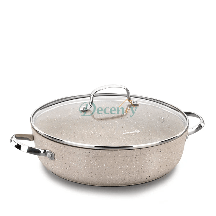Front view of Korkmaz Granita 24cm non-stick low casserole pot with a transparent glass lid.