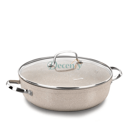 Front view of Korkmaz Granita 24cm non-stick low casserole pot with a transparent glass lid.