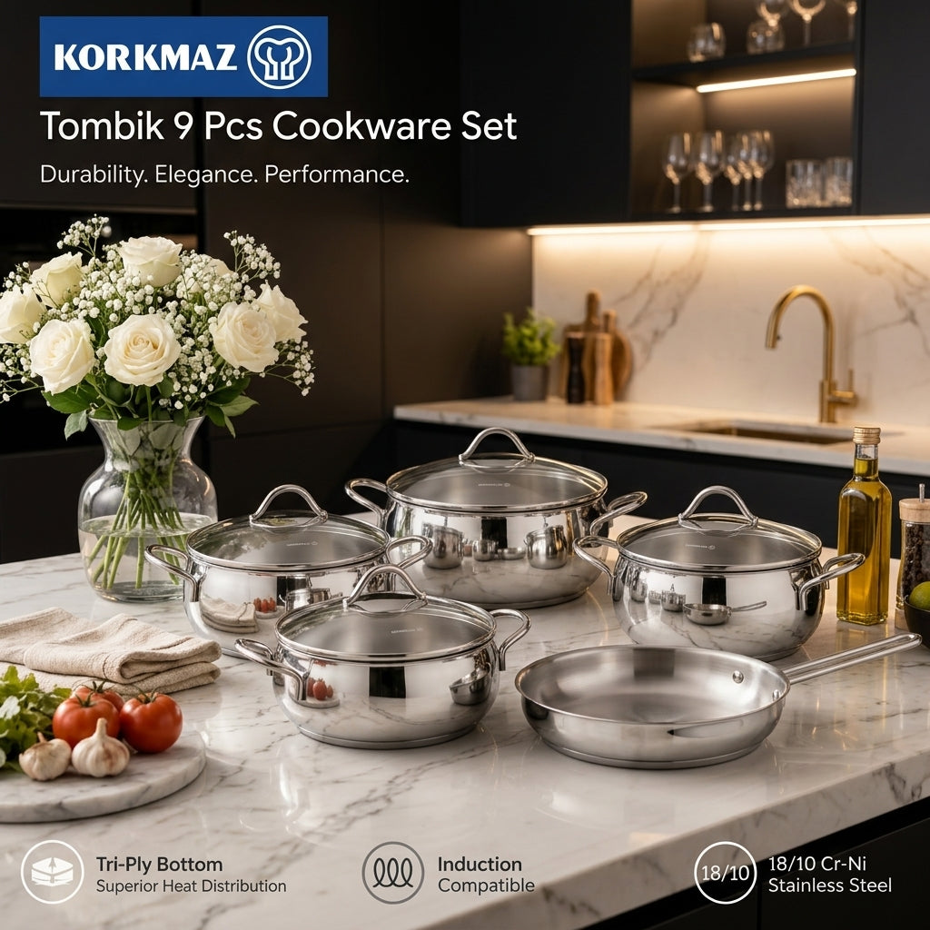 Korkmaz Tombik 9 piece stainless steel cookware set displayed on a modern kitchen counter.