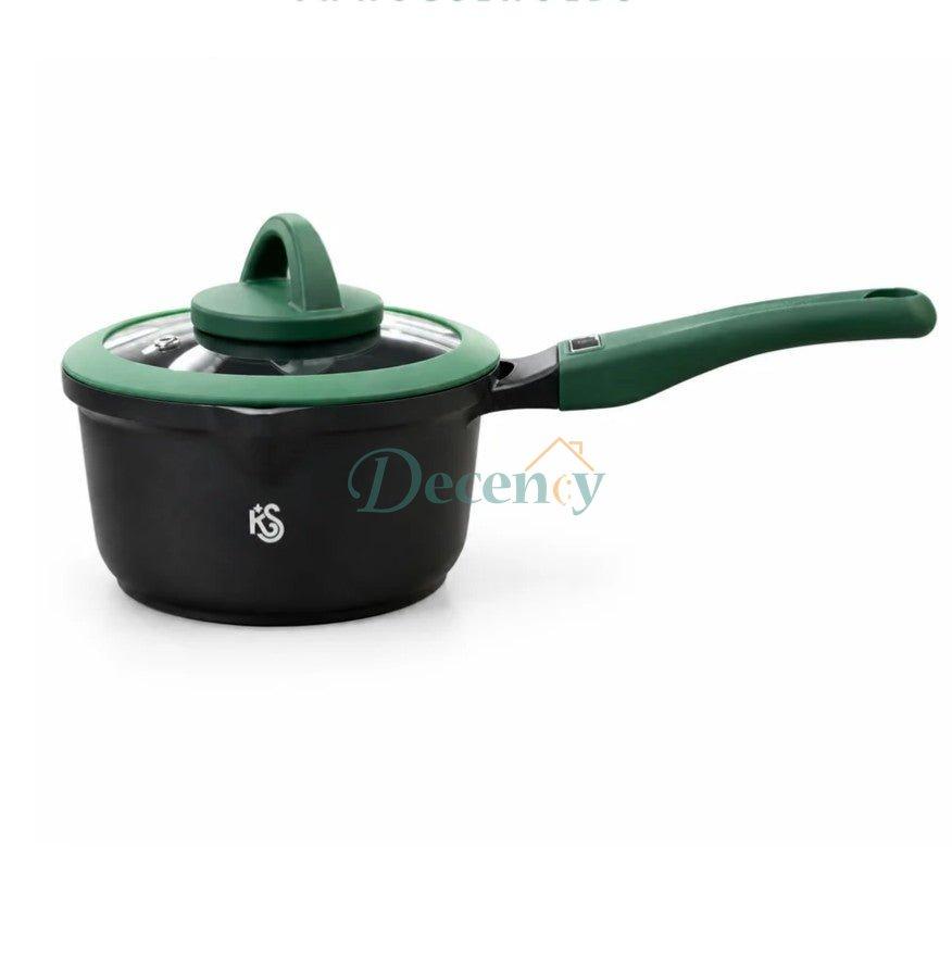 KS Non-Stick Saucepan in matte black with emerald green handle and glass lid