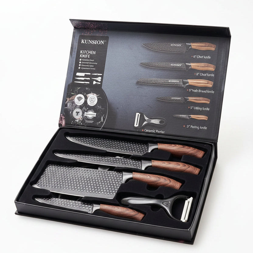 Open packaging box displaying the KUNSION 6-piece stainless steel kitchen knife set with dark wooden handles.