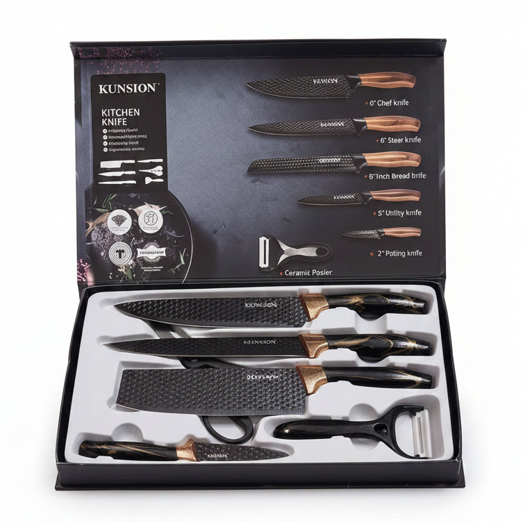 Kunsion 6-piece kitchen knife set with comfortable ergonomic black handles in a gift box