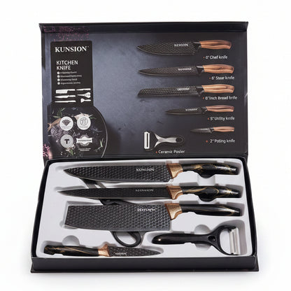 Kunsion 6-piece kitchen knife set with comfortable ergonomic black handles in a gift box