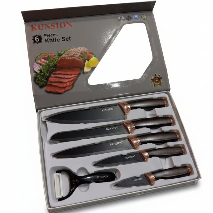 Kunsion 6 piece stainless steel kitchen knife set displayed in premium gift box packaging